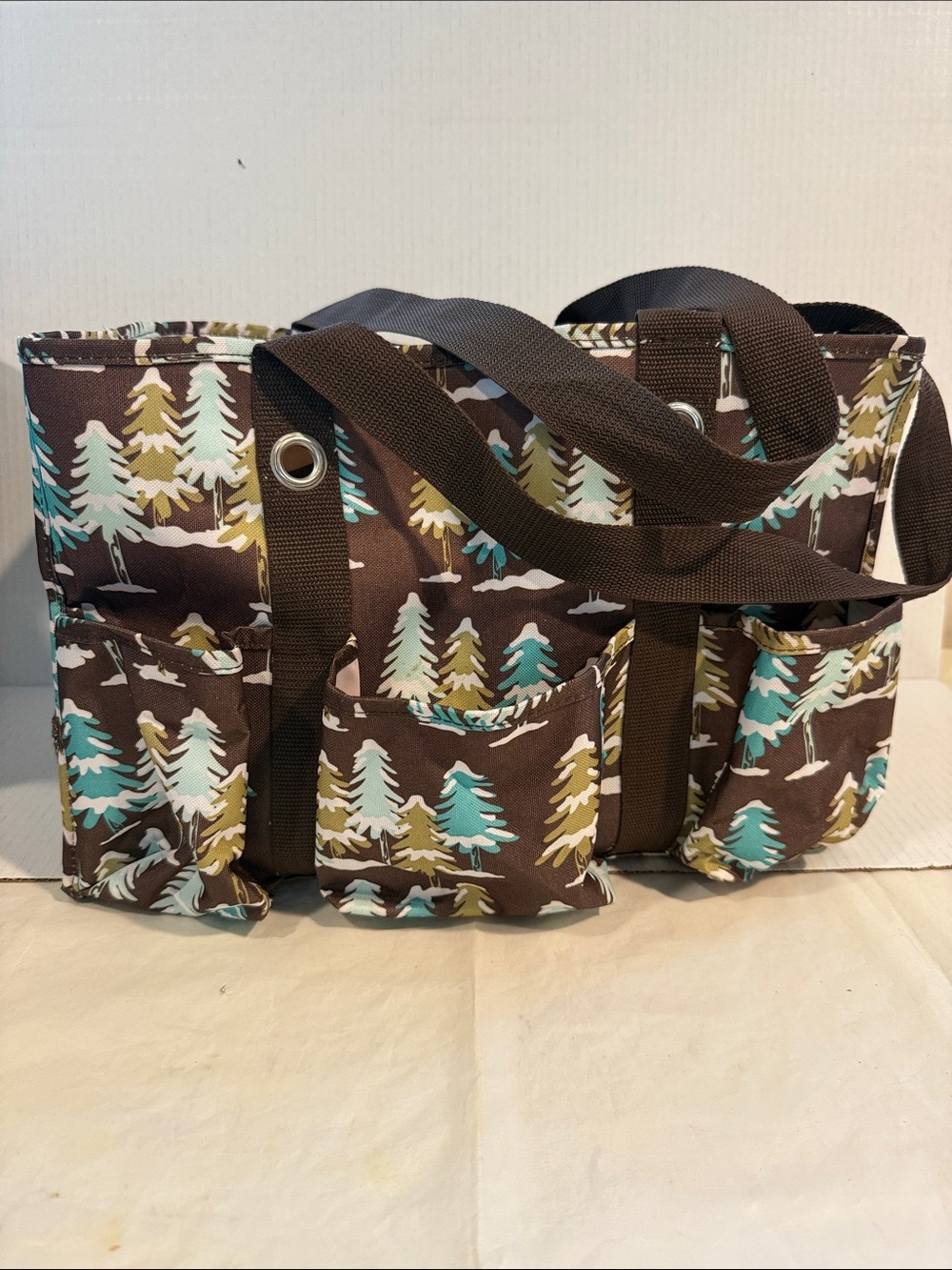 thirty-one Organizing Utility Tote with Teal and Cream Winter Tree Print